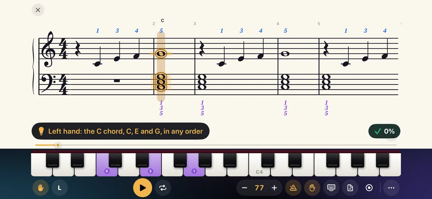 A song on a lead sheet: the C chord for the left hand lit on the keyboard, with finger numbers.