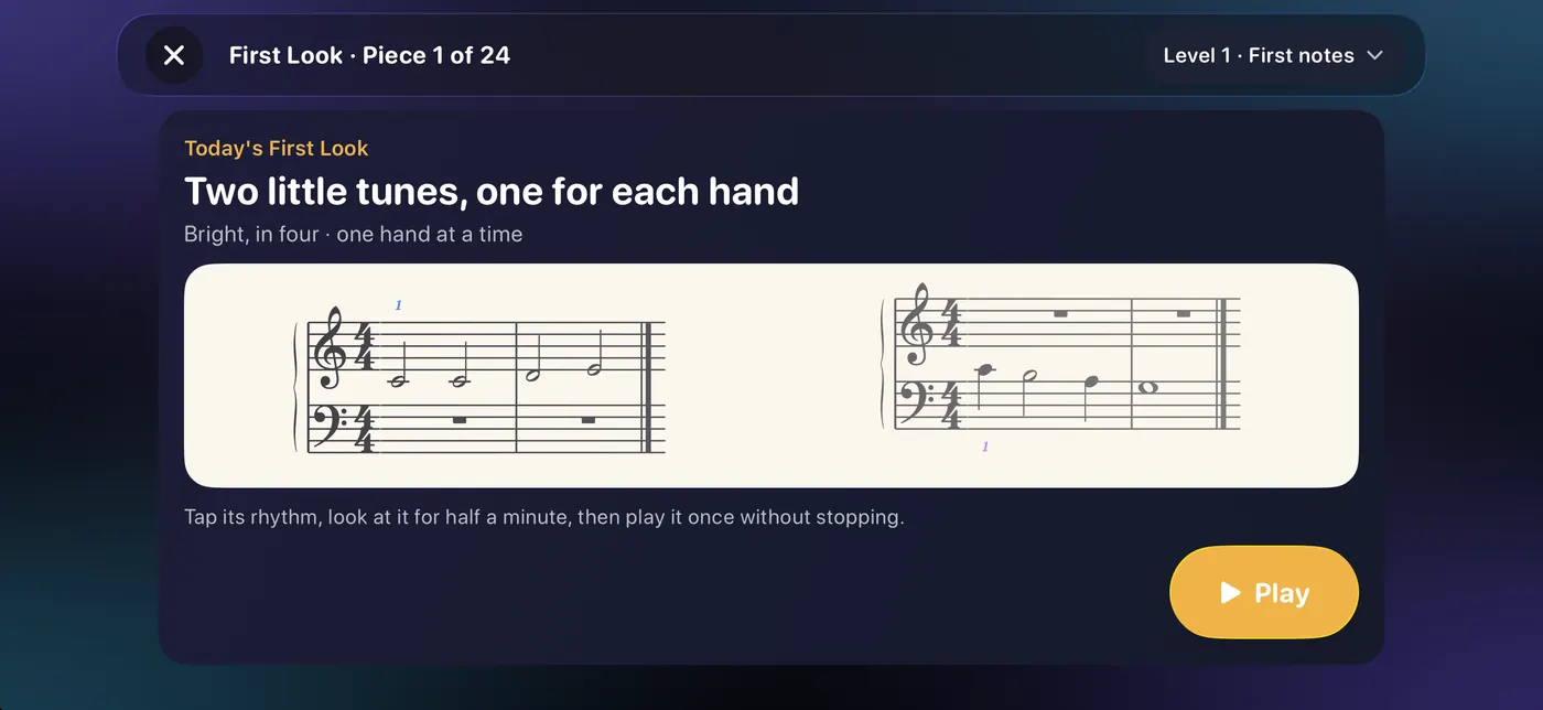 First Look: two little tunes, one for each hand, with a Play button.
