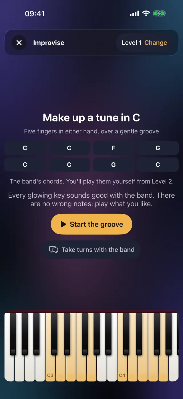 Improvise: make up a tune in C, with the chords of the band shown and the keys that sound good glowing on the keyboard.