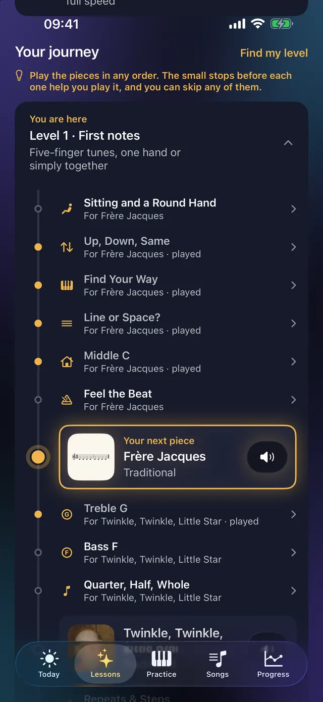 Your journey: the lessons and pieces of Level 1, First notes, in order, with the next piece highlighted.