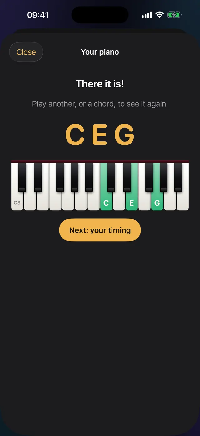 The microphone check: the notes C, E and G heard and shown on the keyboard, with the message There it is.