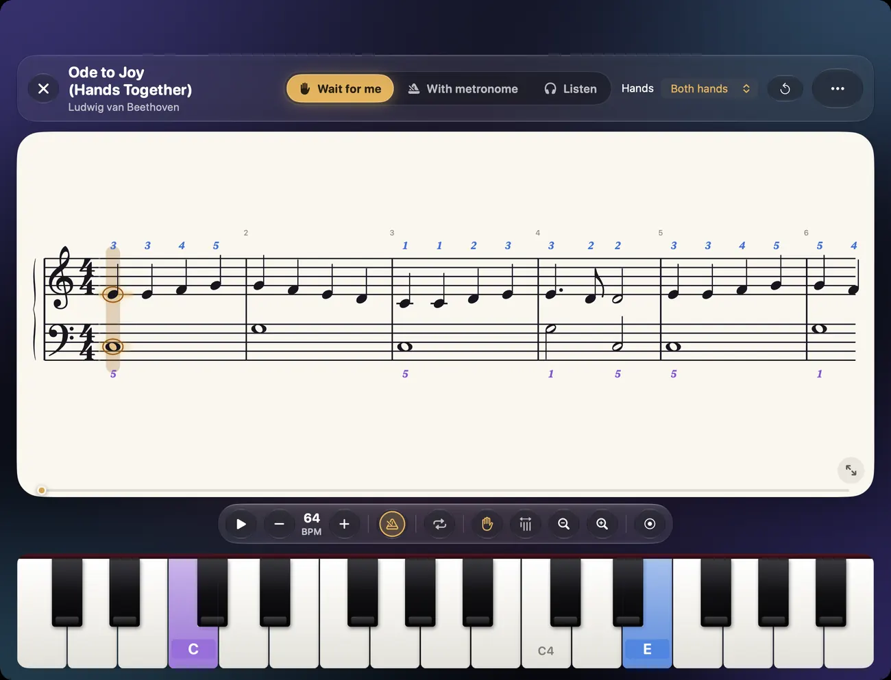 The Mac app playing Ode to Joy with both hands, notes on the staff and keys lit below.