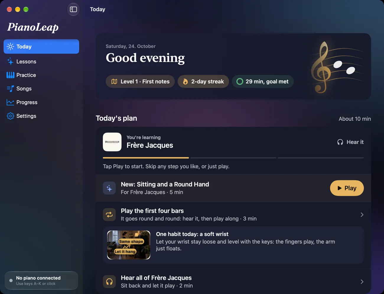 The PianoLeap Mac app: the Today screen with a sidebar and the plan for the day.