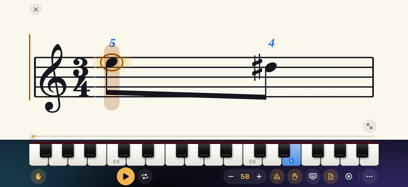 Beethoven's Für Elise on the staff with fingering numbers above the notes and the key to play lit below.