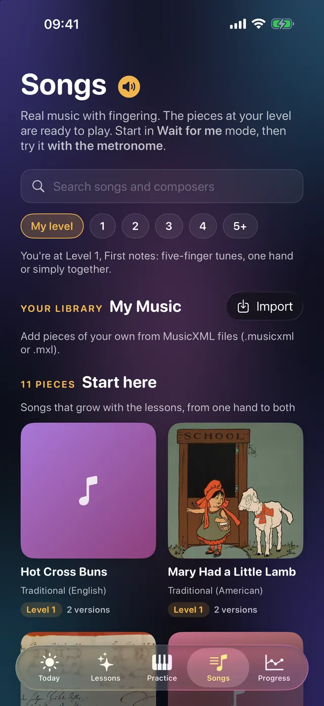 The Songs screen: pieces for Level 1 such as Hot Cross Buns and Mary Had a Little Lamb, with an Import button for your own music.