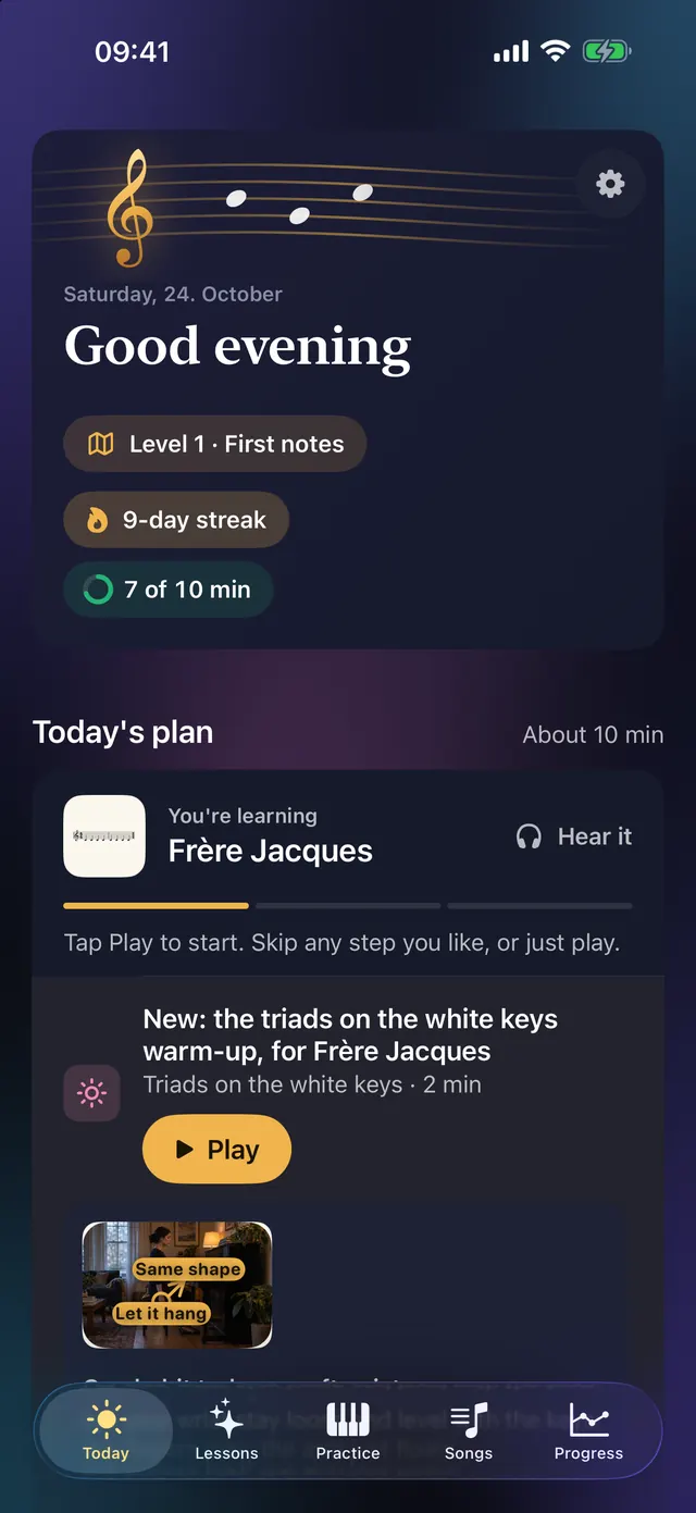 The Today screen: Good evening, a plan for the day with a Play button, and the piece being learned, Frère Jacques.